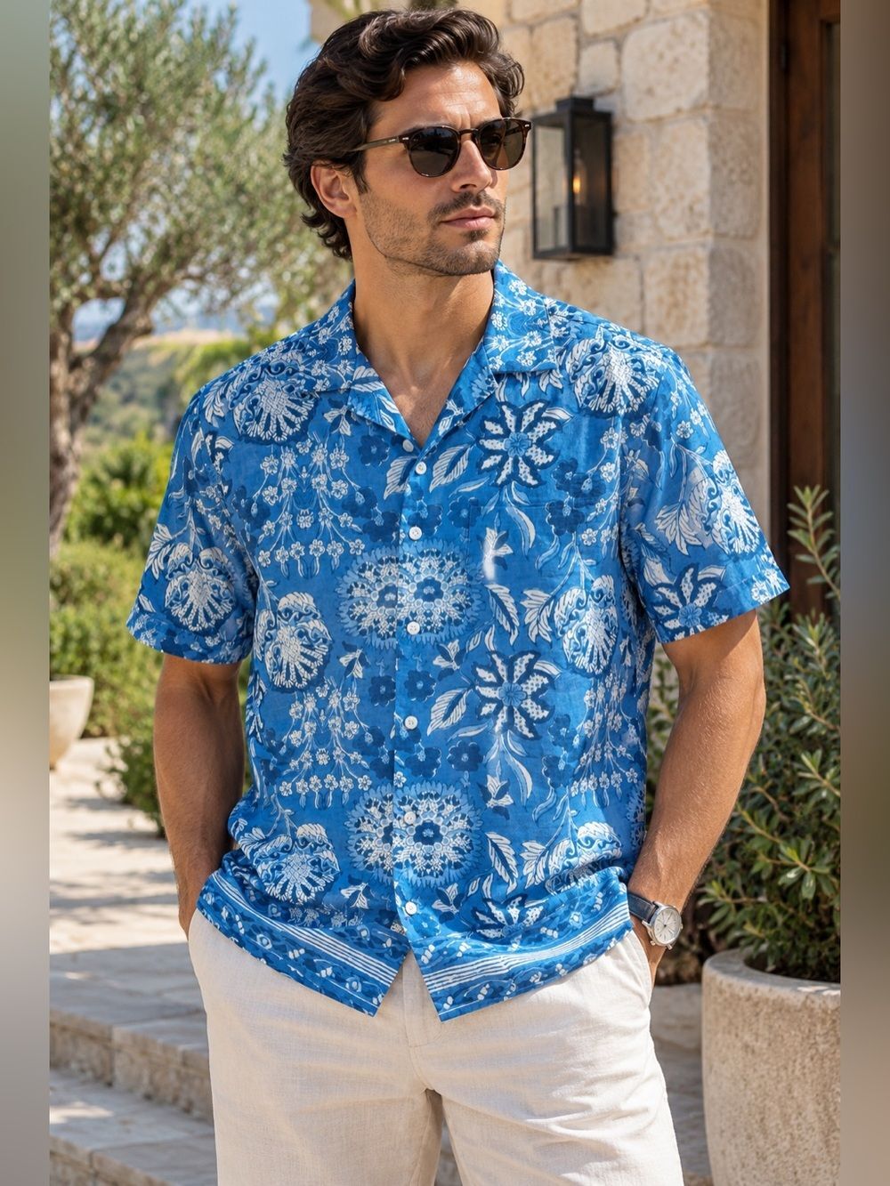 Cremieux Men’s Blue Floral Short Sleeve Button Up Cotton Modal Shirt Size M